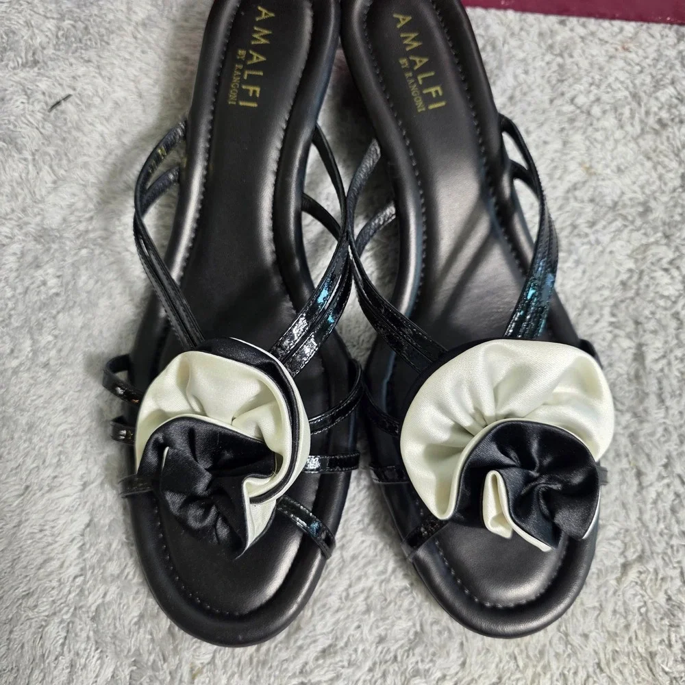 VTG Amalfi Rangoni Black Italian Leather‎ Floral Wedge Sandals Women's 10M NEW